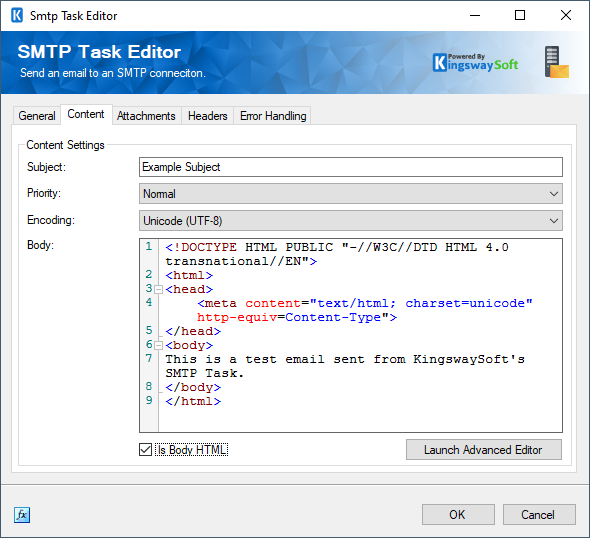 SMTP Task Editor - Content